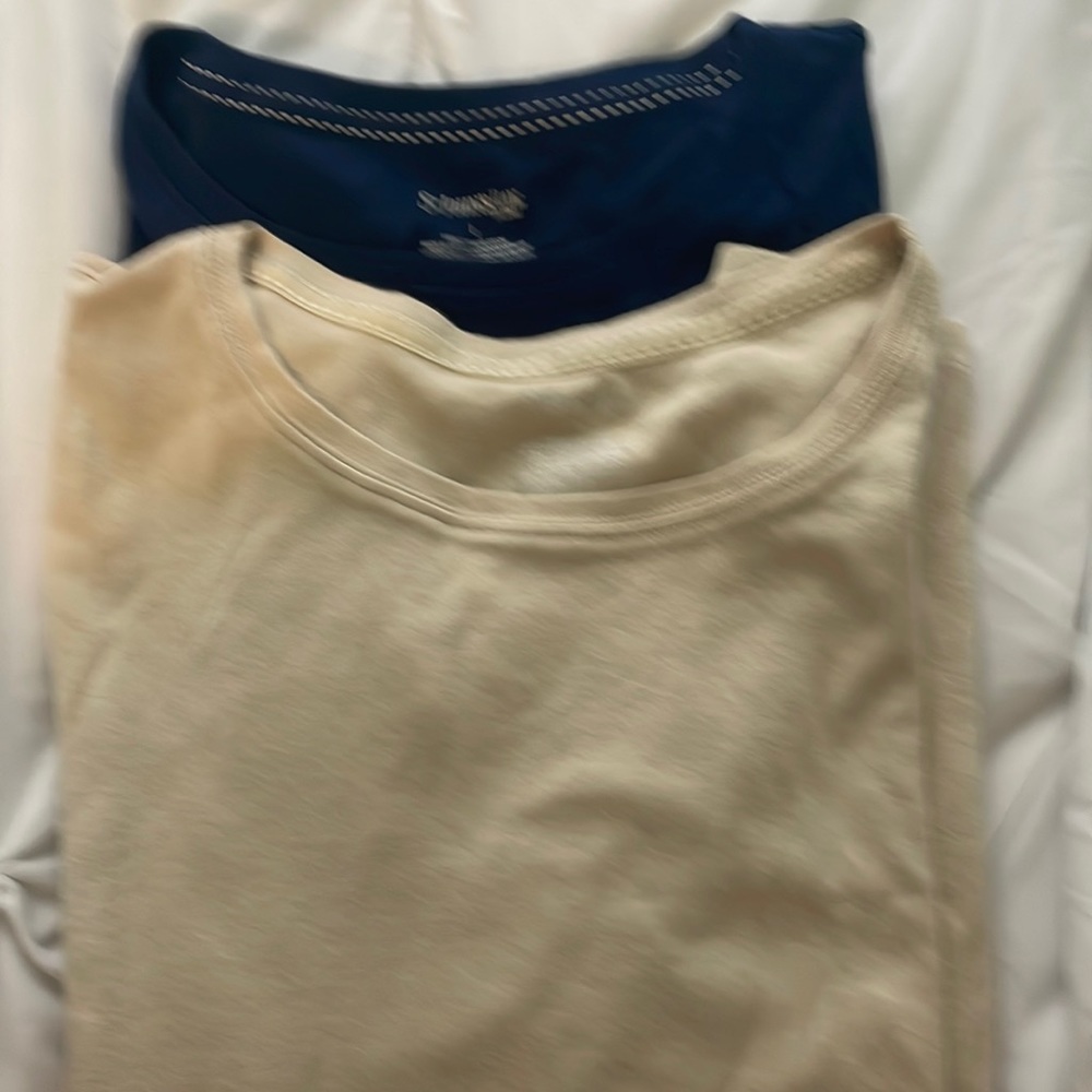 Two short sleeve t shirts from St John’s Bay in tan and navy size large